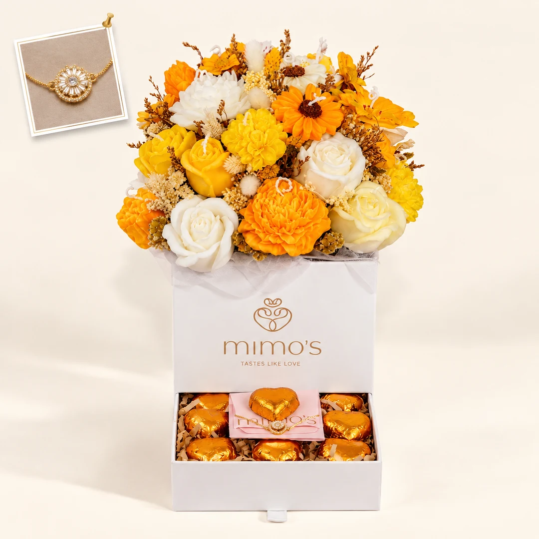 Box con velas aromáticas en forma de flores, chocolates y pulsera con dije de girasol