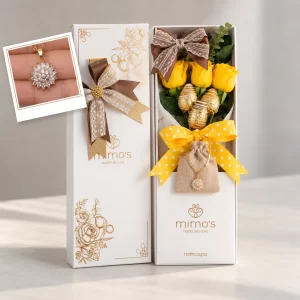 Box floral con tres rosas amarillas, tres chocofresas y collar antiestrés
