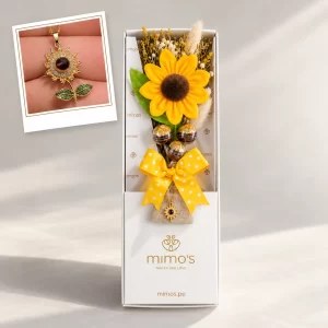 Box con girasol eterno, tres bombones Ferrero Rocher y joya con dije de girasol