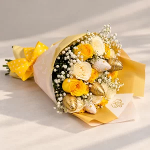 Ramo de rosas amarillas y blancas con chocofresas de chocolate