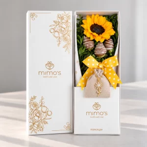 Box de regalo con girasol, fresas con chocolate y collar antiestrés