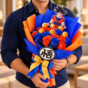 Ramo temático de Dragon Ball con Goku y 20 rosas naturales